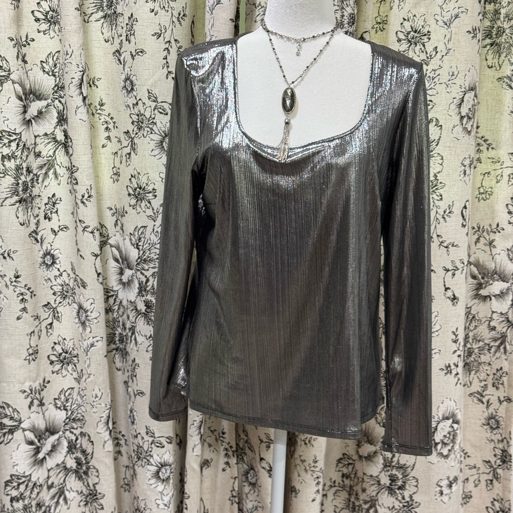 CeCe Metallic Gray Long Sleeve Blouse